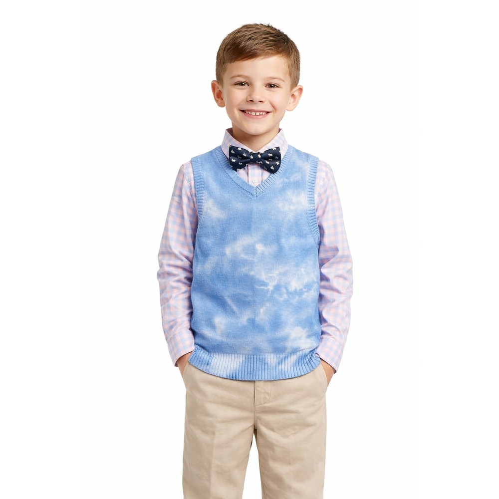 Andy Evan Boy‎ 3 Piece Shirt Sweater Vest Bowtie Sz 7 Blue Purple Plaid Tye Dye